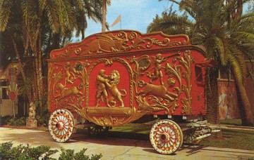Featured is a postcard image of an early circus wagon from the Ringling Bros. Circus, c 1880s.  The wagon is on display at the Ringling Museum in Sarasota, FL.  The original unused postcard is for sale in The unltd.com Store.